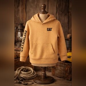 CAT Caterpillar Hoodie Kids 7/8 | Brown Logo Pullover | Youth Workwear Style